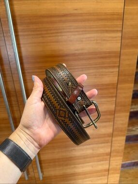 Vintage Brown Tooled Leather Men’s Belt with Antiqued Brass Buckle